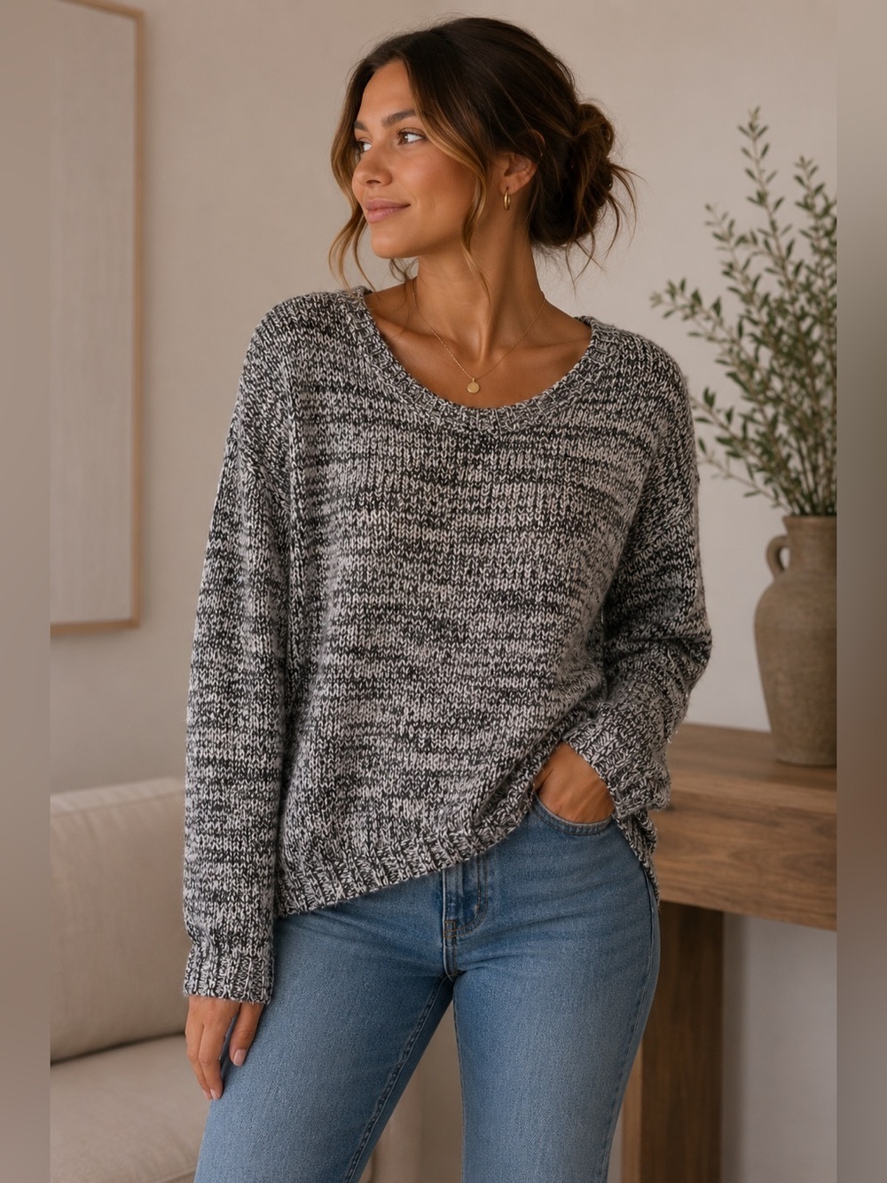 DKNY Monochrome Knit Sweater With Metallic Accents Size M Minimalist Designer